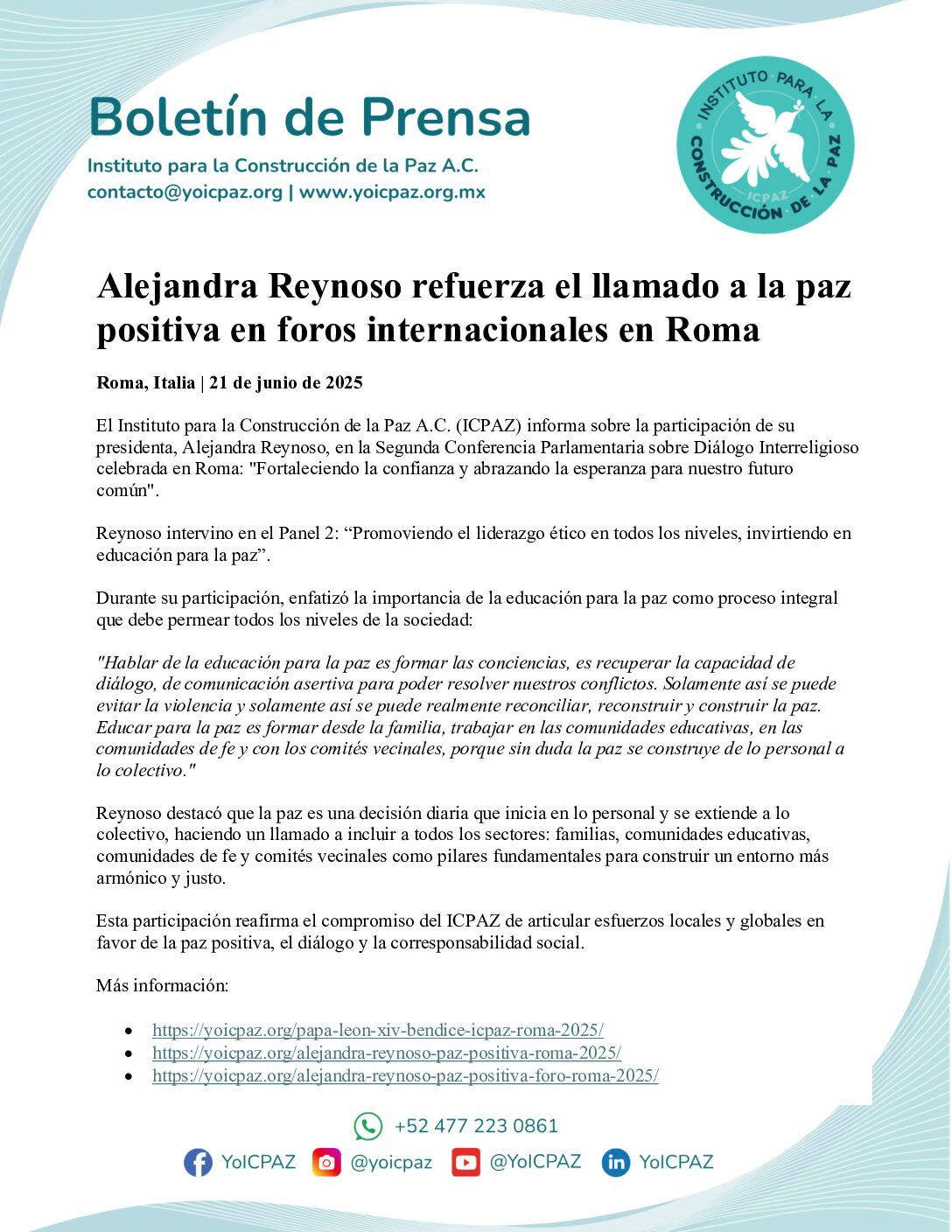 BP 01 Llamado a la Paz Positiva en Roma Instituto para la Construcción de la Paz A.C.