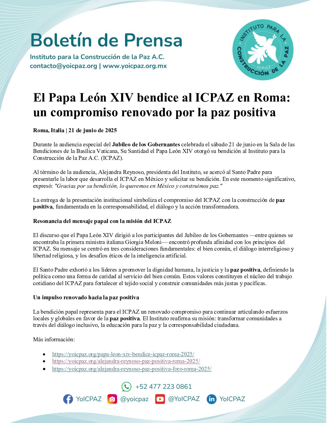 BP 02 LEl Papa León XIV Bendice al ICPAZ en Roma Instituto para la Construcción de la Paz A.C.
